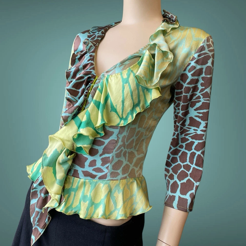 Blusa colorida con estampado de jirafa Roberto Just Cavalli Y2K de colección talla 44it M Foto 3 de 4
