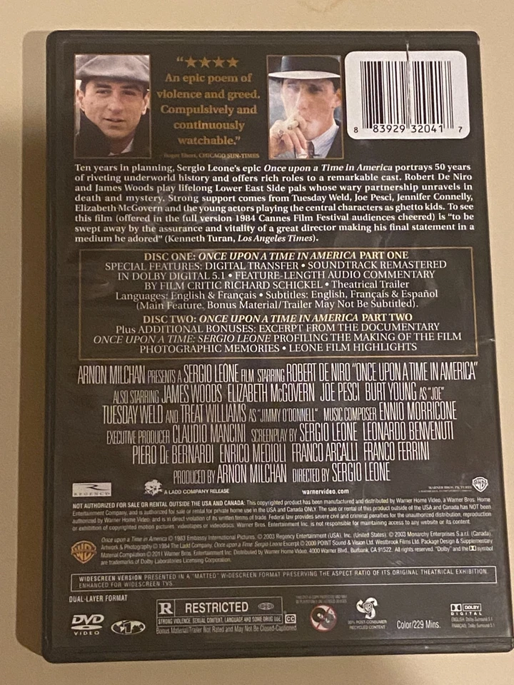 Once Upon a Time in America "Like New DVD" Warner Bro. 2-disc Special Edition - Image 2 of 3