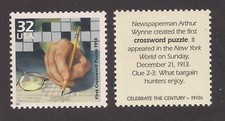 FIRST CROSSWORD PUZZLE 1913 - U.S. POSTAGE STAMP - MINT CONDITION