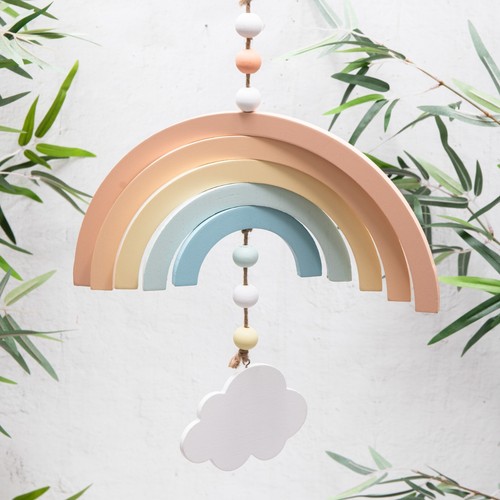 Rainbow & Cloud Mobile Wooden Arc with Beads Baby Cot Unisex Nursery Decor Gift - Picture 2 of 5