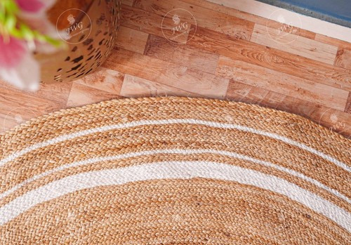 Jute geflochtener Rundteppich mit weißen Streifen Bordüre, Naturfaserteppich, Deko Zuhause - Bild 2 von 5