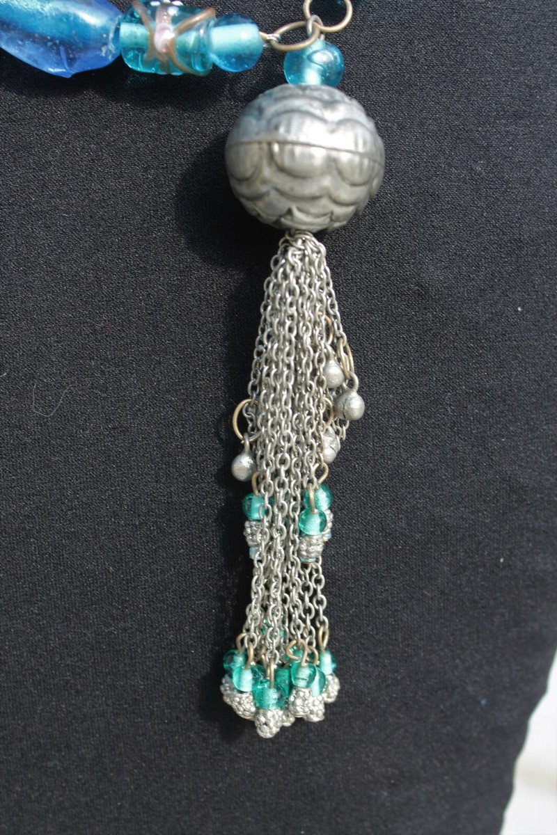 Collier Sautoir Cristal De Bohème Bleu - Longueur 122 Cm - Pendentif Croix Perlé - Alliage