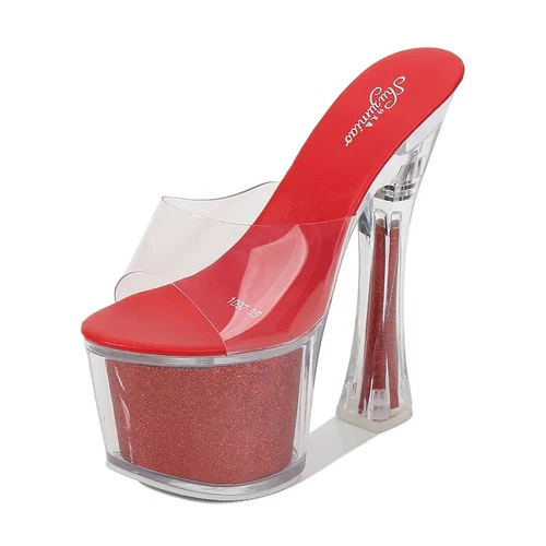 Women Sexy 17cm High Heels Slippers Sandal Thick Heel Pumps Platform Party Shoes - Picture 12 of 27