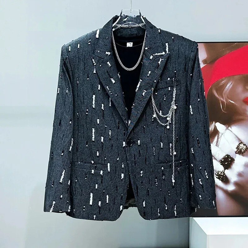 Men Luxury Chain Blazer Jacket High Street Hole Trend Design Long Sleeve Fashion