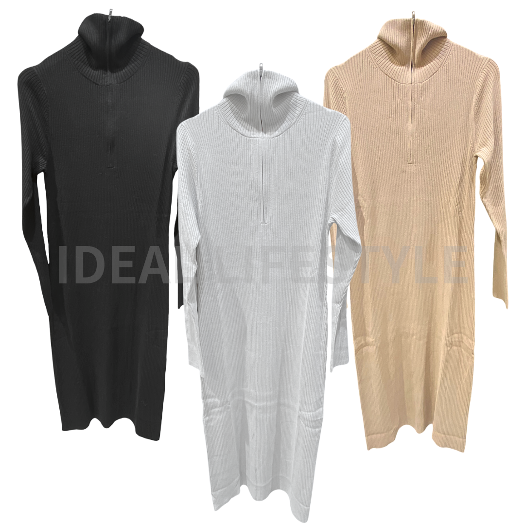 UNIQLO Half Zip Knit Dress S-3XL Light Gray/Black/Beige