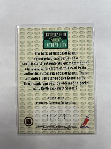 95/96 Parkhurst International Auto Saku Koivu #771/1500 On Card - Picture 6 of 10