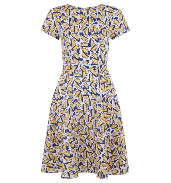 Hobbs Dress Linen Lemon Print Sorrento Fit and Flare Belted UK 12
