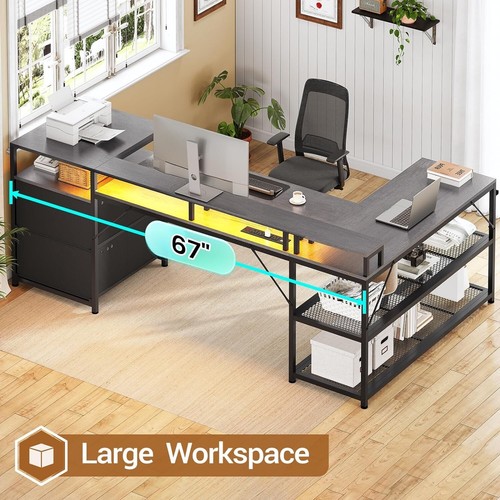 67" L Shaped Desk with Drawers, Power Outlet and LED Lights Corner Computer Desk - Picture 4 of 7