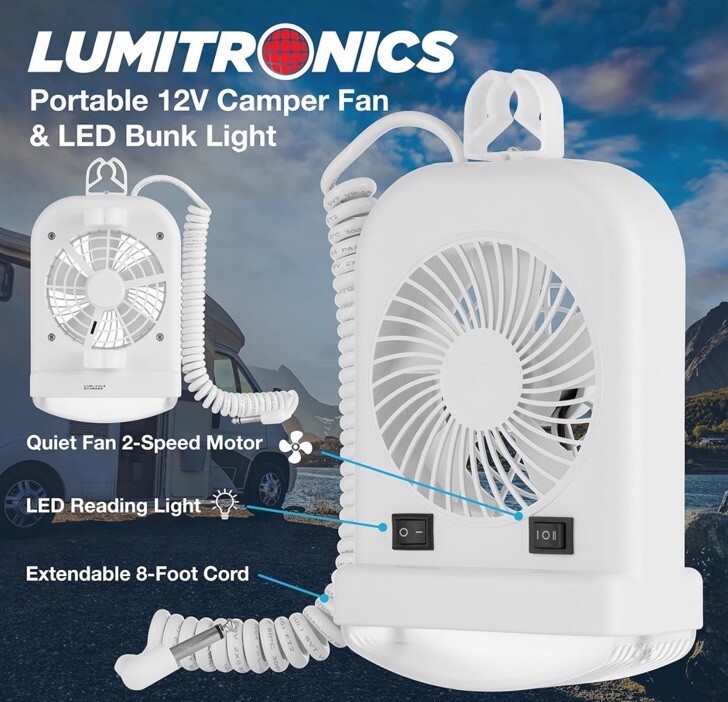 RV Light Fan Combo 12V Bedside Lamp 2Phase Fan Bunk Popup Van Camper