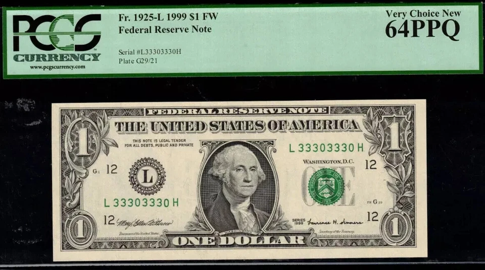 1999 $1 Federal Reserve Note - PCGS 64PPQ - Repeater Serial Number 33303330 - Image 2 of 3