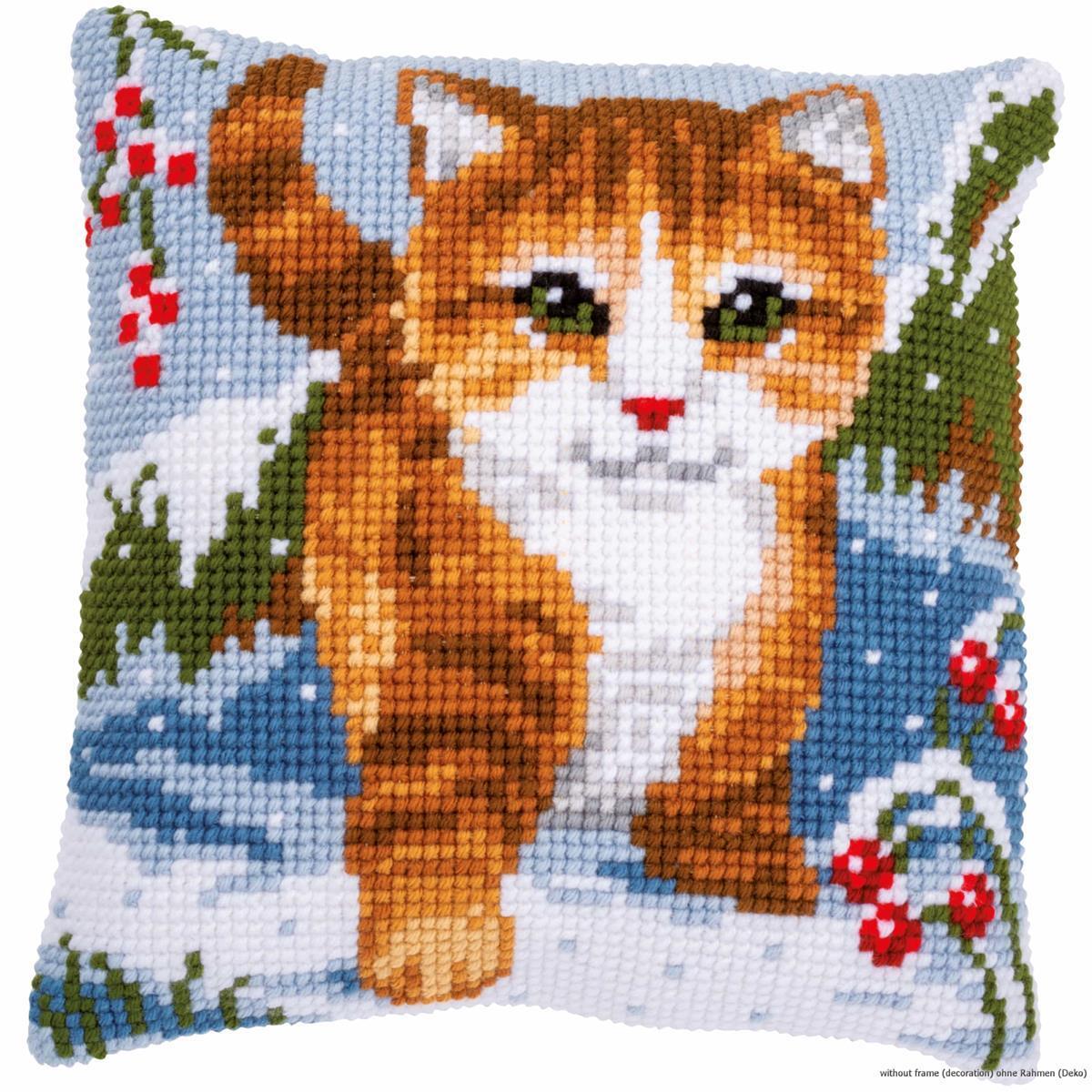 Vervaco cross stitch kit cushion ""Cat in the snow"", stamped, DIY