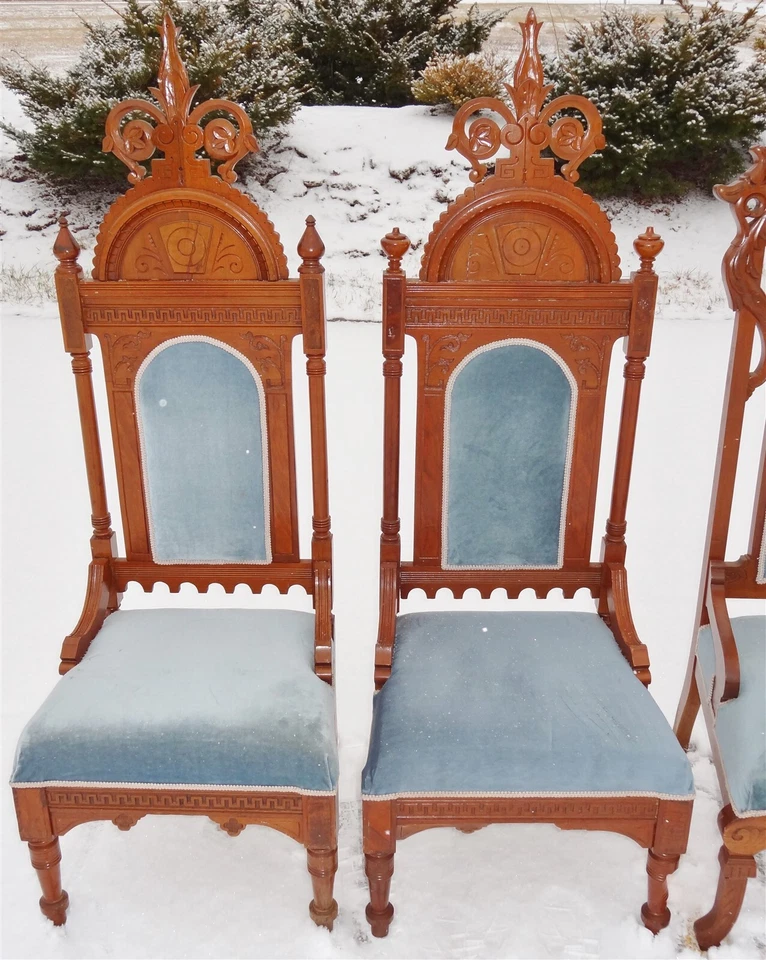 Sillas Catedral Renacimiento Gótico Antiguo Caoba Azul Terciopelo Castillo Comedor Foto 2 de 4