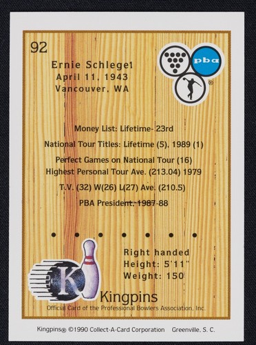 Ernie Schlegel Signed 1990 Kingpins PBA Bowling Card #92 - HOF 1997 Inscription - Picture 2 of 2