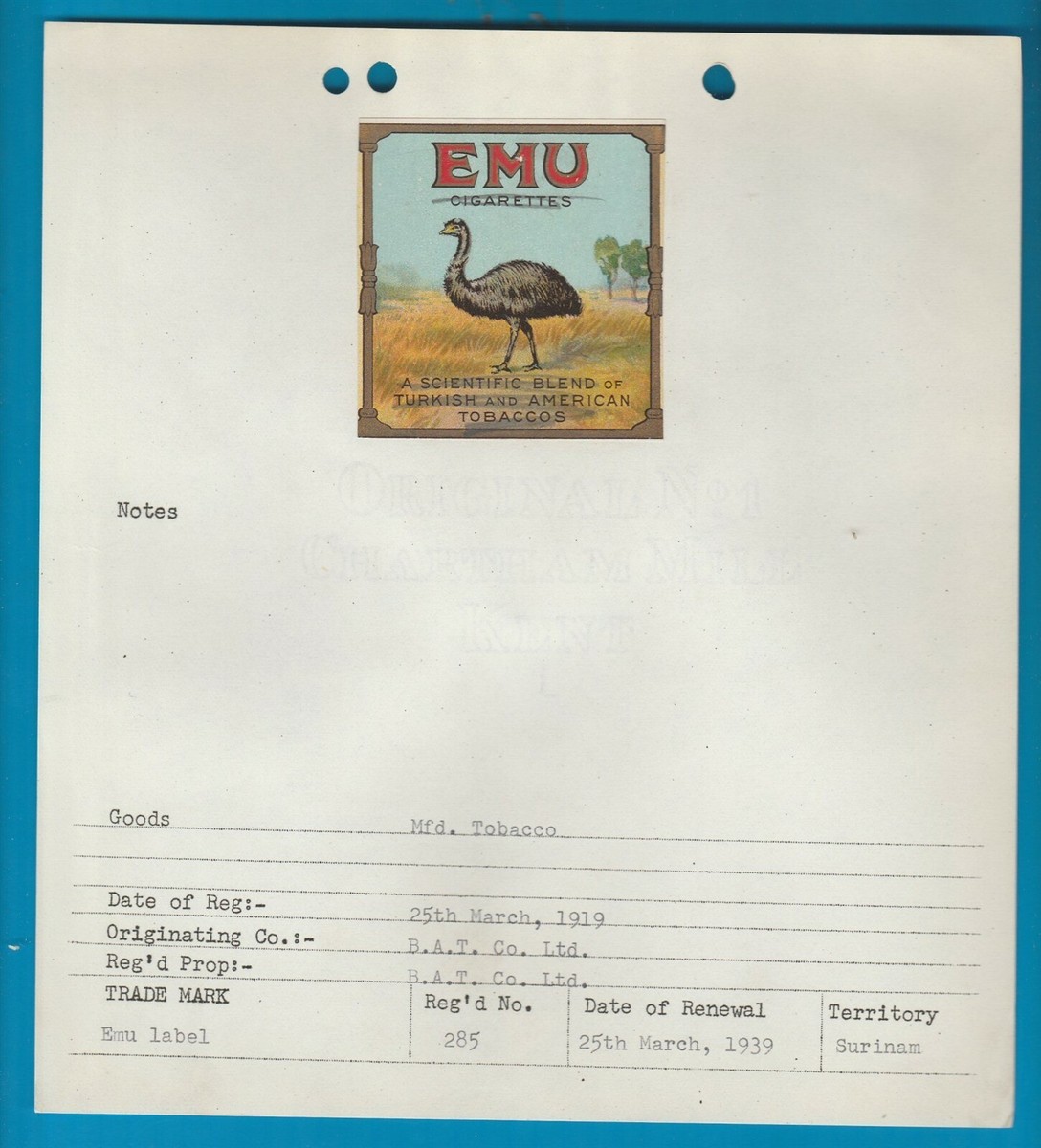 EMPTY cigarette packet registration certificate B.A.T. Emu 1919 Surinam  #975a