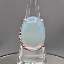 Opalite Glass Statement Ring Silver Tone Size 8 Oval Cabochon Split Shank 