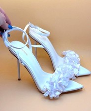 GORGEOUS Floral Strappy Ankle White Wedding Festive Party Shoes Heels Sz 9 UK 7