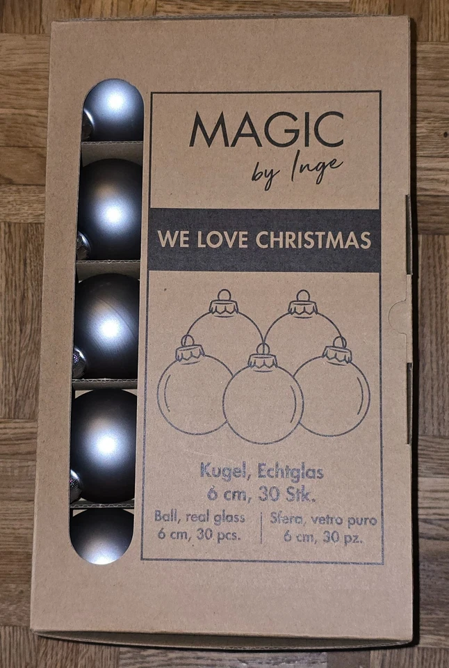 Magic by Inge We love Christmas 30 Baumkugeln Glaskugeln 6 cm silber grau Neu