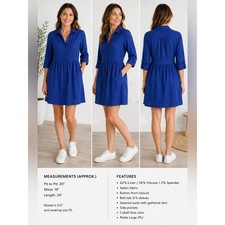 Eileen Fisher Petite Large Blue Linen Blend Shirt Dress 3/4 Sleeve PL