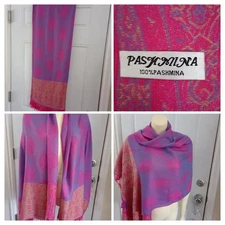 100% Pashmina Vibrant Pink & Blue/ Gold Wrap Shawl 56 in x 70 in