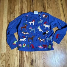 Michael Simon Cardigan Womens S Blue Vintage Dogs And Hats! Embellished