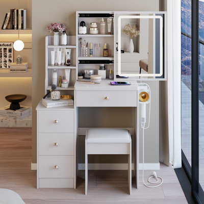 29.2'' Small Size Left Bedside Cabinet Vanity Table + Cushioned Stool 2 AC+2 USB
