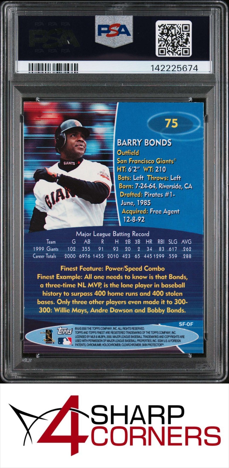 2000 FINEST #75 BARRY BONDS GIANTS PSA 10 view 2