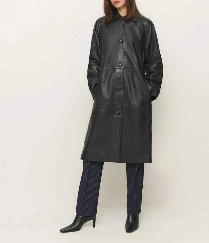 Gabardina de cuero negra para mujer 100 % piel de cordero talla S M L XL XXL 3XL hecha a medida Foto 2 de 4