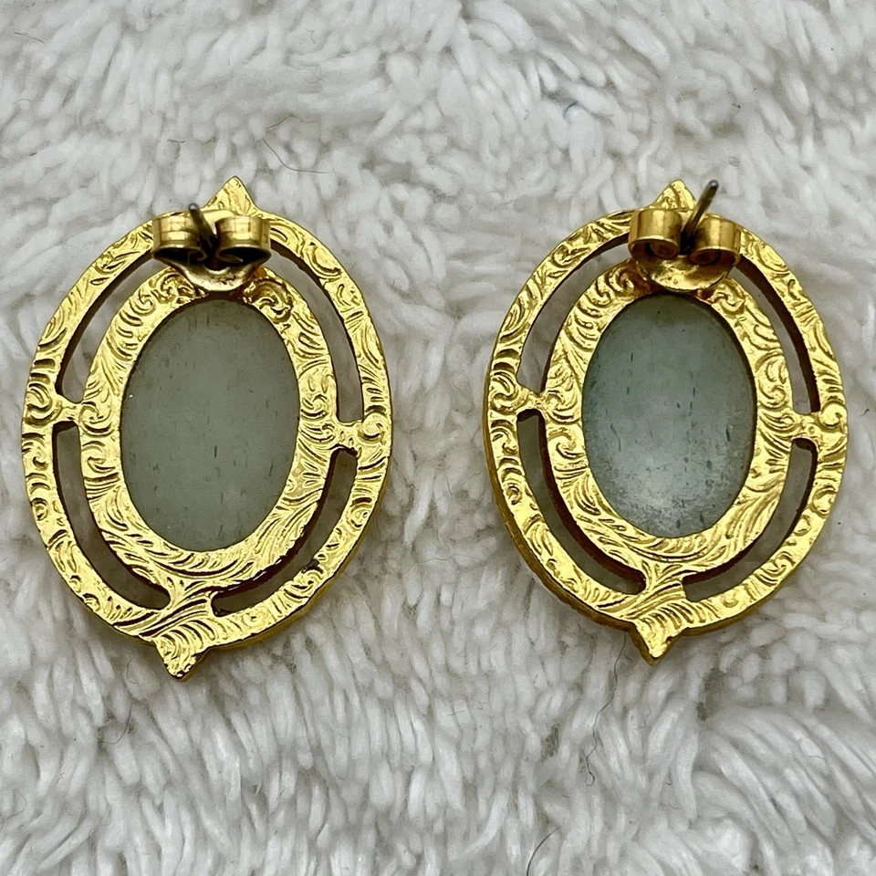 Pendientes perforados cabujón cuarzo verde renacimiento etrusco 1,25" Foto 3 de 4