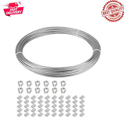 1/16 Stainless Steel 304 Cable Wire Rope 33FT Marine Grade with Sleeves & Thimbl