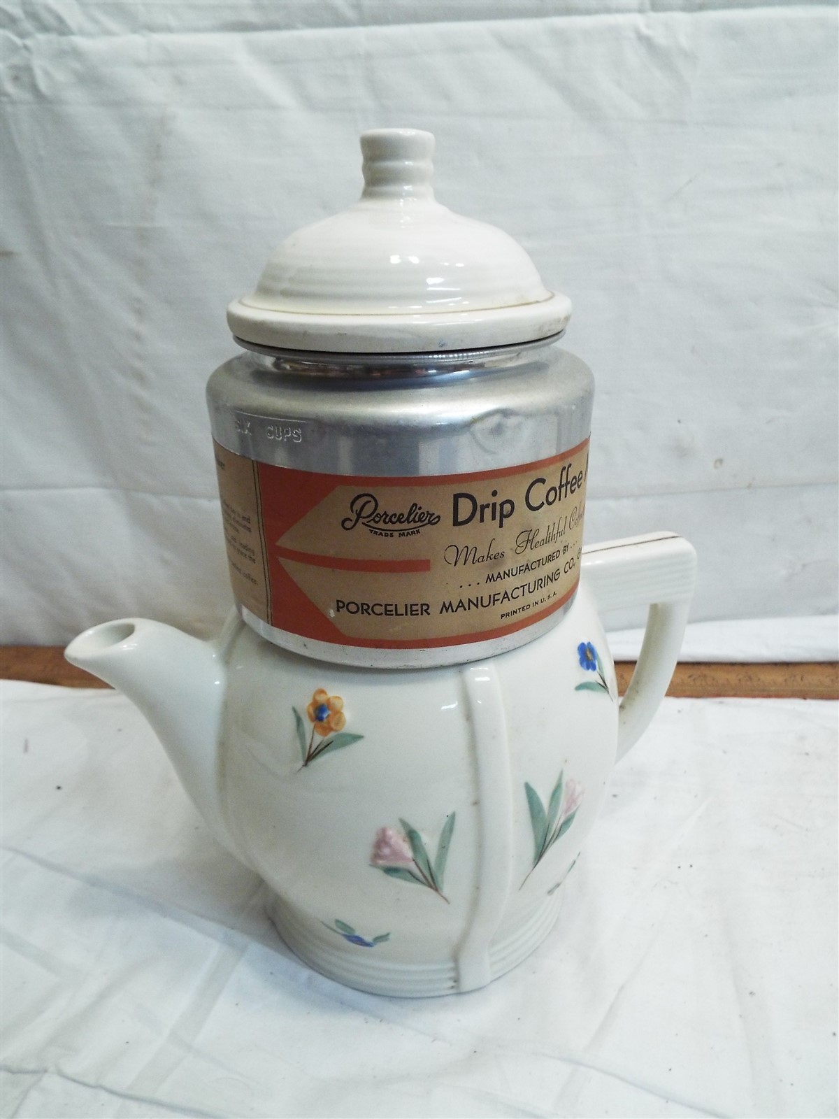 Porcelier Set Porcelain Drip Coffee Pot Aluminum with Label Floral Teapot Tea