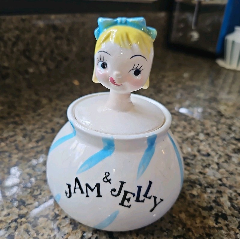 Vtg Anthropomorphic Swirl Girl Jam & Jelly Round Pixieware Jar Holt Howard Era