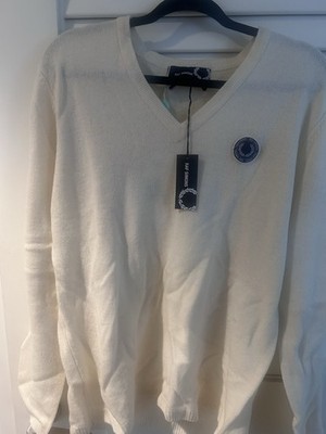 Raf Simons x Fred Perry 100% Wool Patched Logo White Sweater XL