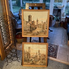 Vintage Brugge And Gent, Belgium Wall Tapestries Embroidery Wooden Framed 1977