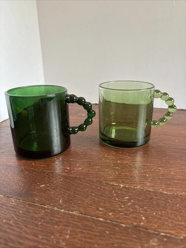 Vintage Green Glass Mug Coffee Tea Cup Bubble Ball Handle Set Of 2