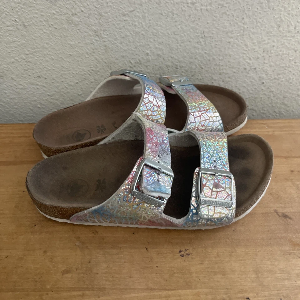 BIRKENSTOCK Kids Arizona Vegan Flashy Hologram Silver Microfiber Sandal Sz 34 - Image 2 of 4