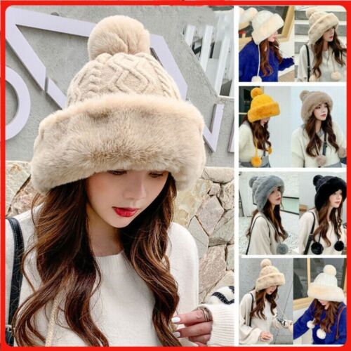 Outdoor Winter Warm Faux Fur Beanies Hat Knitted Cap Pom Pom Ball Hats - Picture 1 of 19