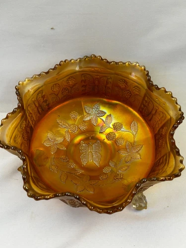 Vintage Fenton Marigold Carnival Glass Butterfly And Berry 3 Footed 8” Bowl