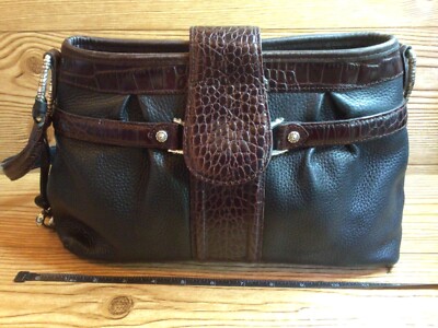 BRIGHTON Vintage Black Brown Patent Leather Shoulder Bag