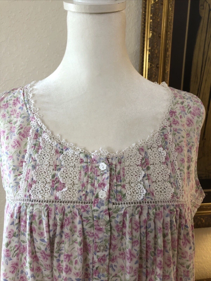 Eileen West Nightgown Women's Size S Pink Floral Long Gown Ruffle Cotton W/ Lace - Image 2 of 4