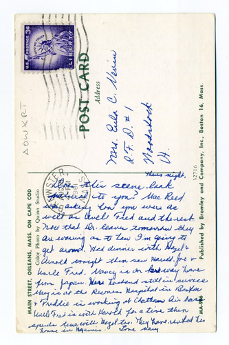 Postal de Orleans MA, Main Street, Livingston Pharmacy, Dorrie's, 1961 - Imagen 3 de 3