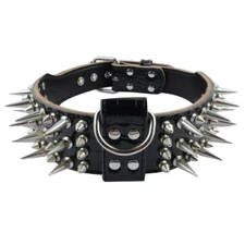 2.0" Width Luxurious Leather Sharp Spike Studded Dog Collar,Black M size Trai...