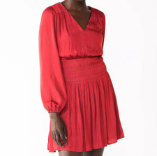 NEW Nine West Long Sleeve Smocked Mini Dress V-Neck Underskirt Red Sz S