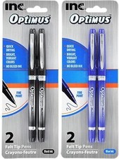 I-N-C Optimus 4 Felt Tip Fine Point Pens 2 Black/2 Blue - No Bleed Ink
