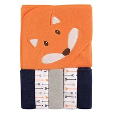 Luvable Friends Boy Fox Hooded Towel Set with 5 Washcloths 30x30 Inches