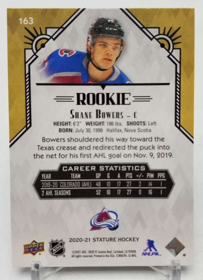 2020-21 Upper Deck Stature SHANE BOWERS Rookie RC Red /85 Colorado Avalanche 163 - Image 4 of 4