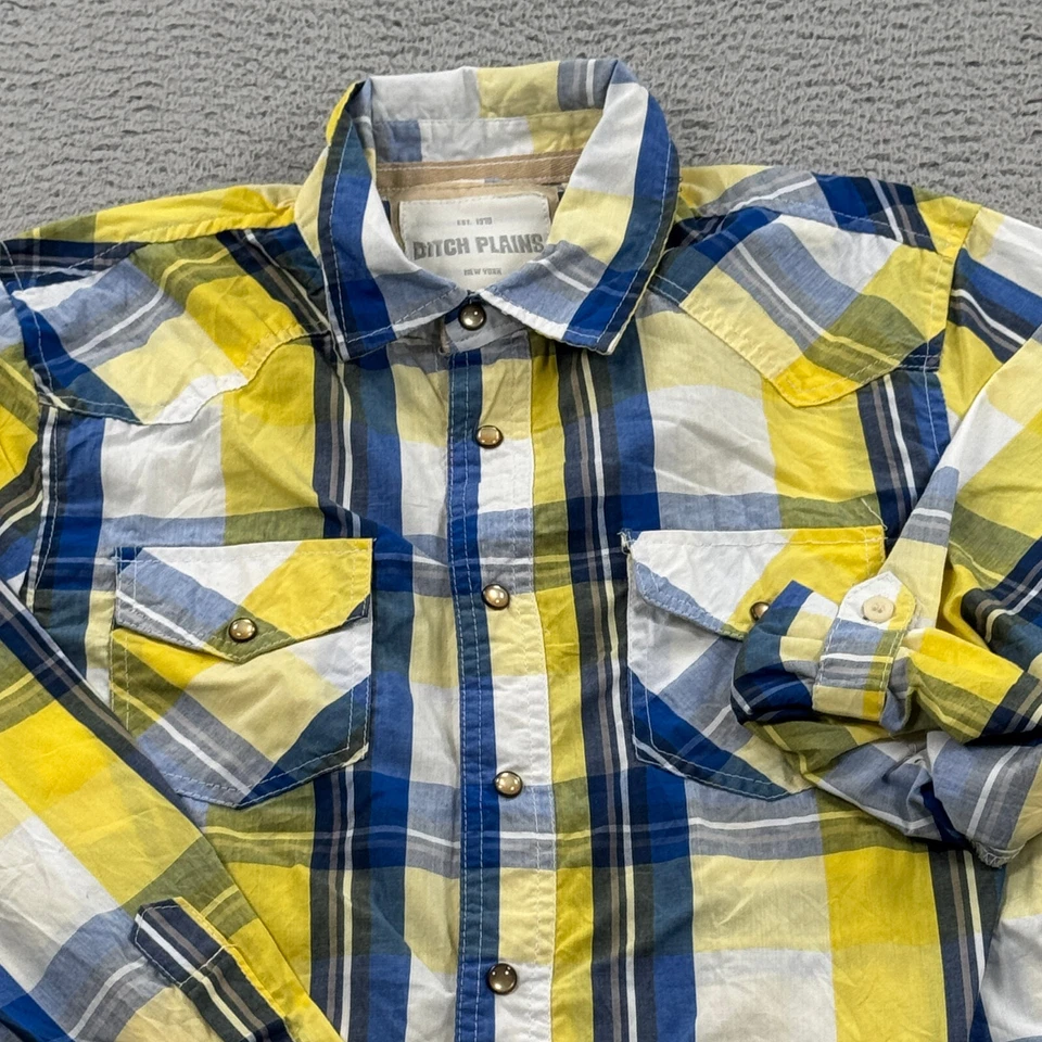 Camisa a Presión Ditch Plains Perla Para Hombre Mediana Amarilla a Cuadros Vaquero Western Roll Tab Foto 2 de 4