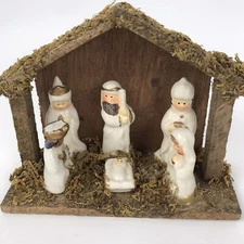 Vintage Nativity Figurine Porcelain Wood and Moss Manger Rustic Christmas