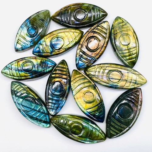12 Pcs Natural Labradorite 32.5-38mm Marquise Carved Eye Flashy Losse Gemstones - Picture 5 of 13