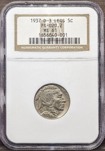 1937 D 3 Legs/Three Legged Buffalo Nickel 5C NGC MS61