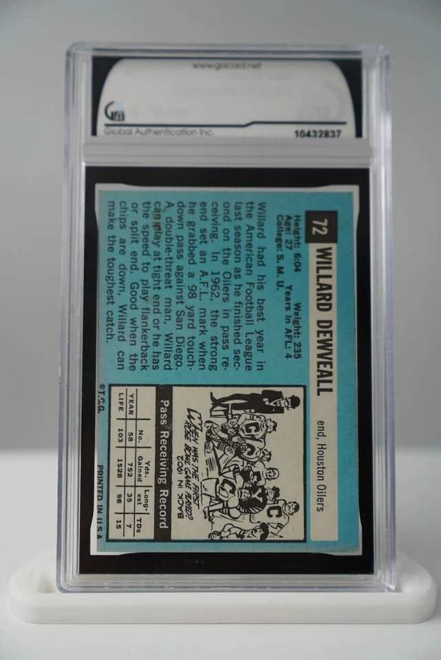 1964 Topps Football Card #72 Willard Dewveall RC Houston Oilers GAI 8 NM-MT - Image 2 of 2